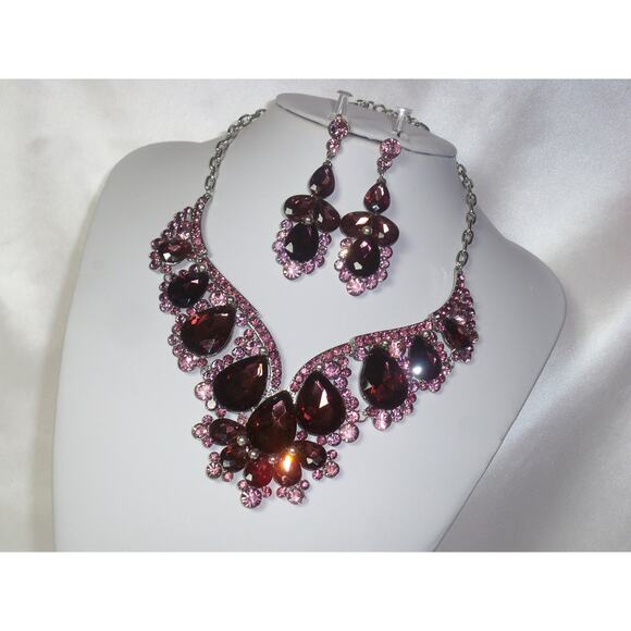 Purple necklace set, statement wedding MOB party prom formal ballroom necklace - Picture 2 of 6